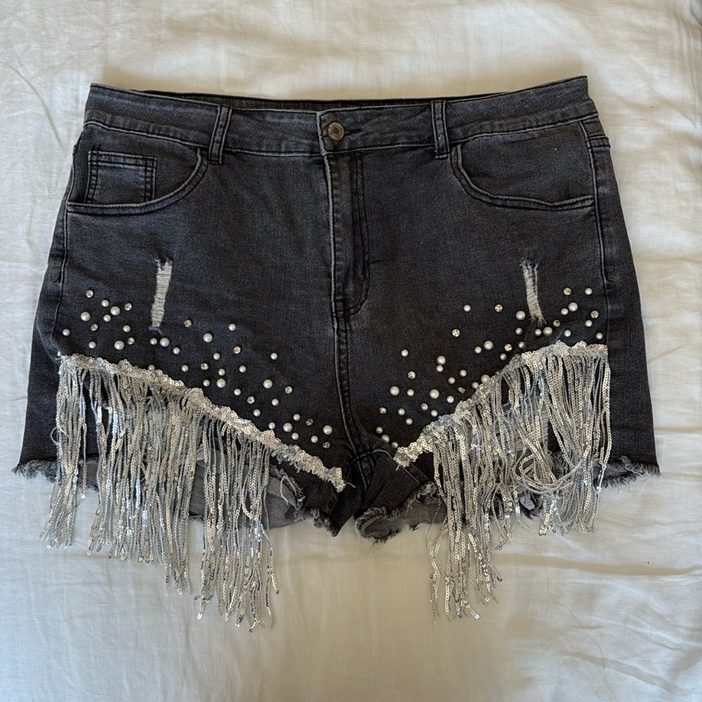 Women Denim Short Rhinestone Pearl Beaded Fringe Tassel Jean Shorts XXL - Picture 3 of 5
